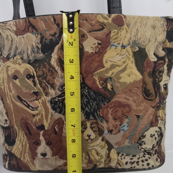 Woven Tapestry Tote Shoulder Bag Genuine Leather Trim Dog Pattern Weekend - Picture 5 of 8